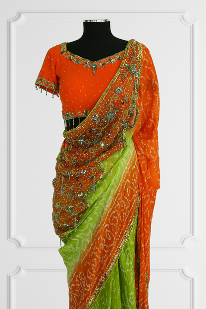 Bicolor Green and Orange Saree Set