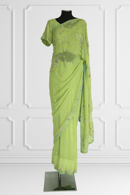 Green with delicate Floral Embroideries Saree Set