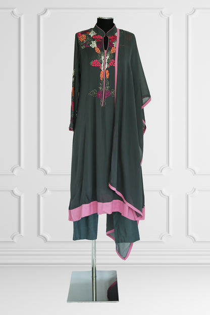 Grey With Floral Embroidery Kurta Set