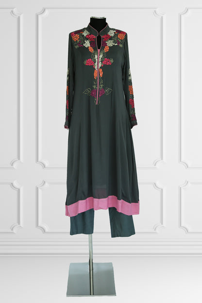 Grey With Floral Embroidery Kurta Set