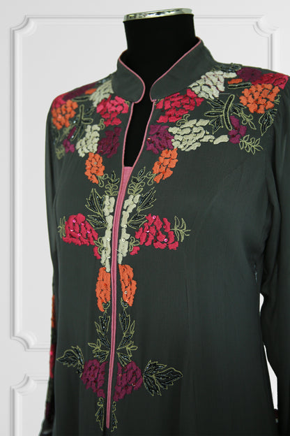 Grey With Floral Embroidery Kurta Set