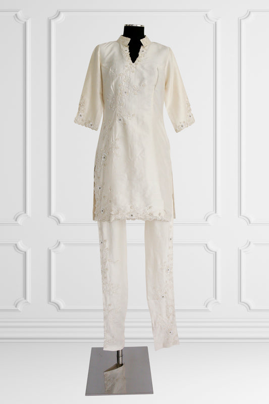 Raw Silk Ivory Embroidered Kurta Set