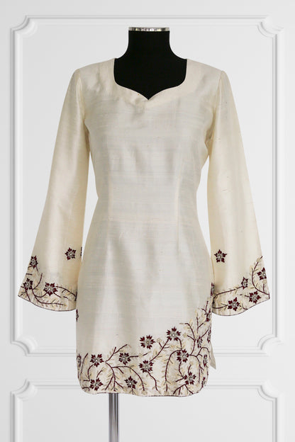 Raw Silk Ivory Floral Embroidered Kurta