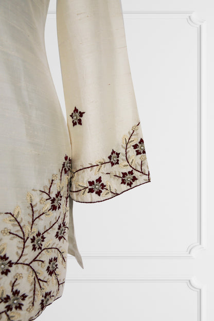 Raw Silk Ivory Floral Embroidered Kurta