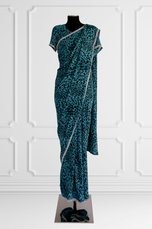 Leopard Print Blue Saree Set