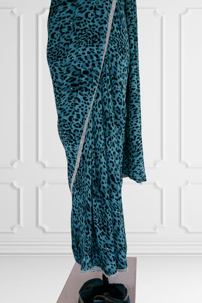 Leopard Print Blue Saree Set