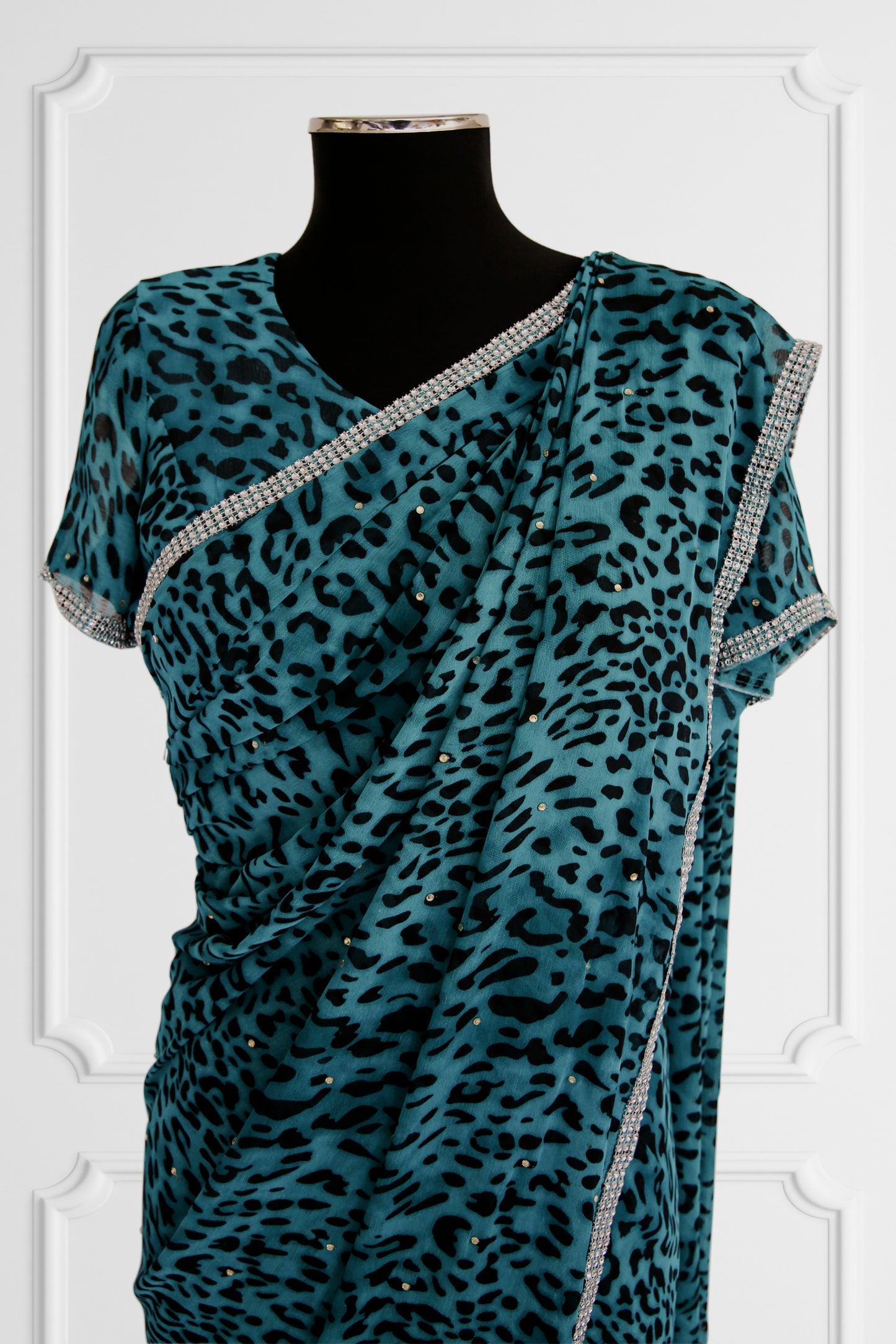 Leopard Print Blue Saree Set