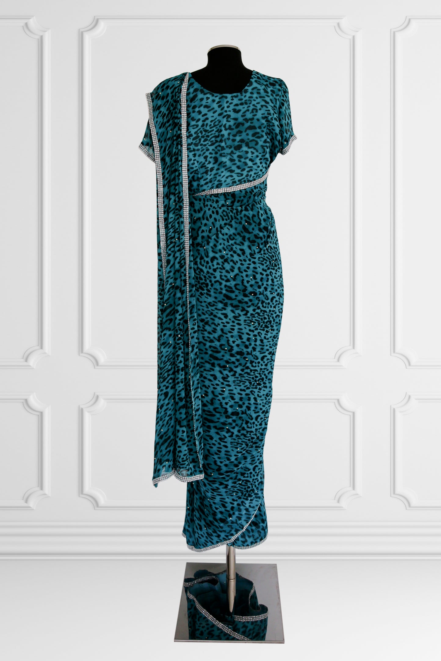 Leopard Print Blue Saree Set