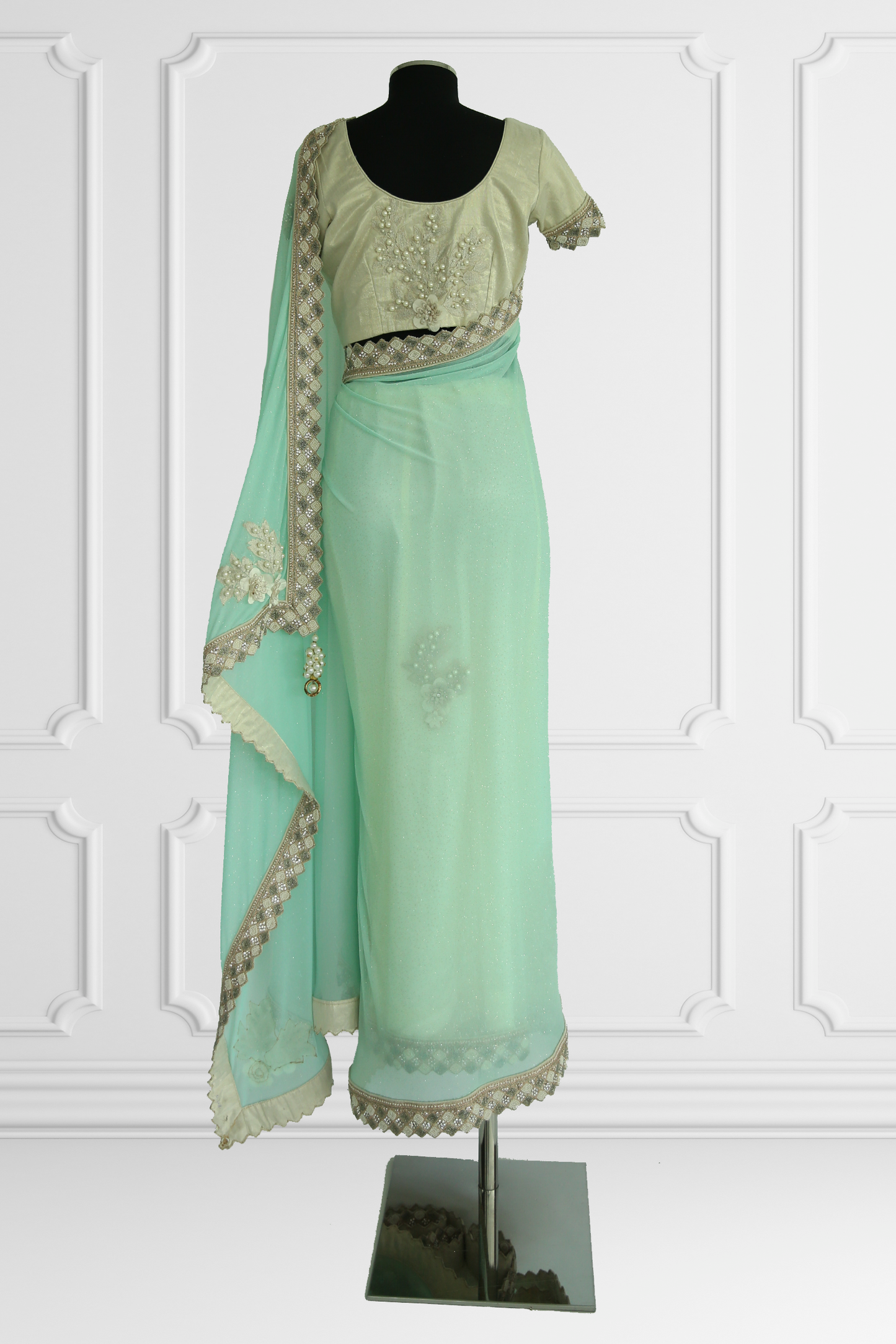 Mint and Cream Saree Set