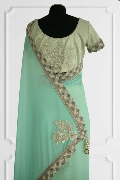 Mint and Cream Saree Set