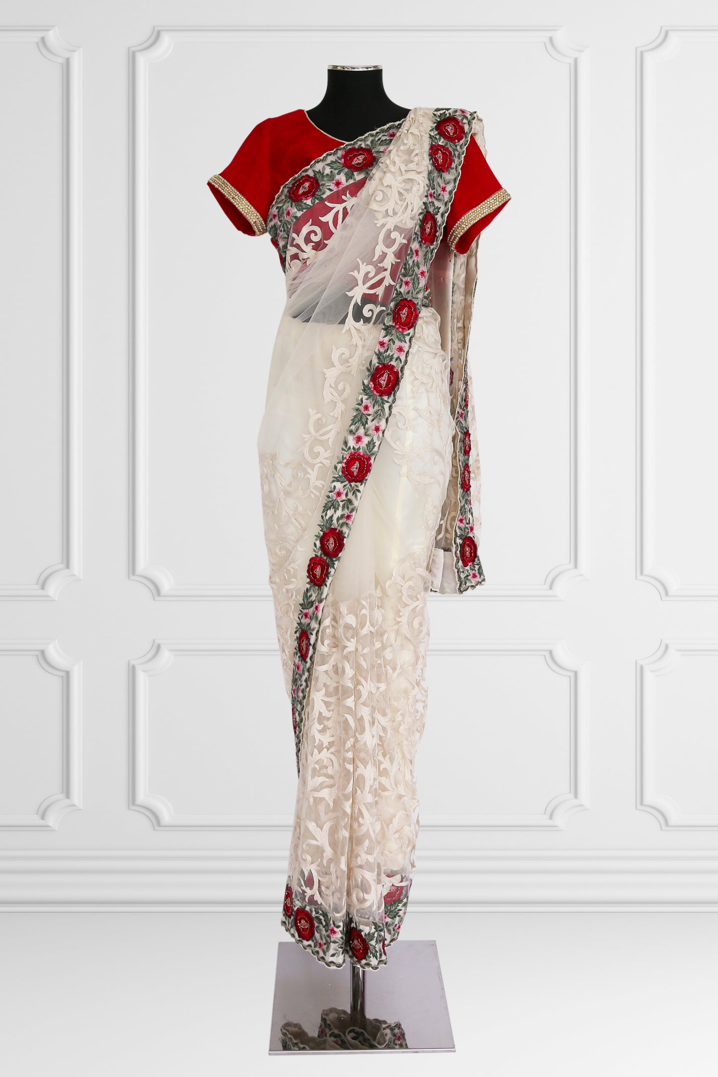 Off White Saree Set with Red Blouse and Floral Embroidered Border