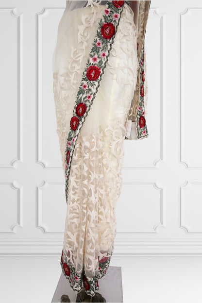 Off White Saree Set with Red Blouse and Floral Embroidered Border