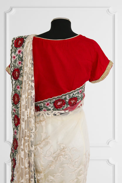 Off White Saree Set with Red Blouse and Floral Embroidered Border