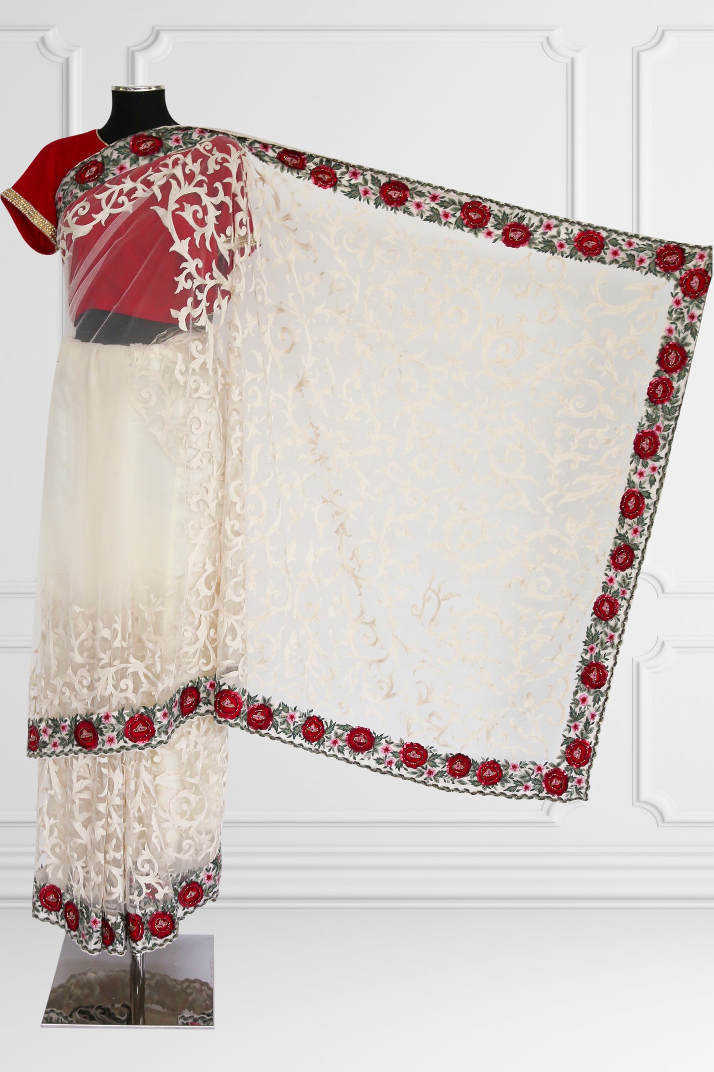 Off White Saree Set with Red Blouse and Floral Embroidered Border