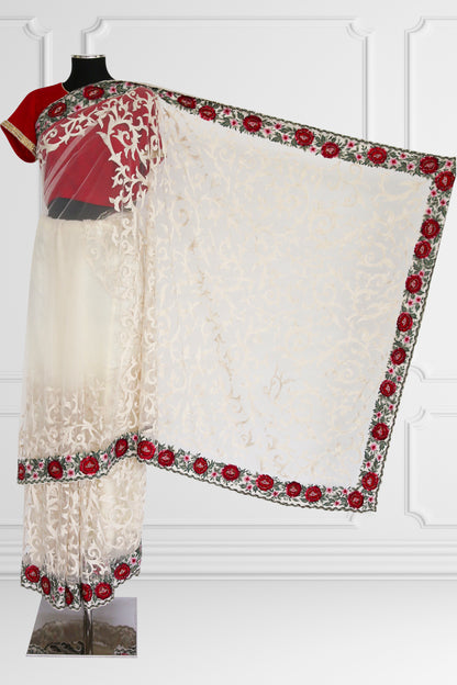 Off White Saree Set with Red Blouse and Floral Embroidered Border