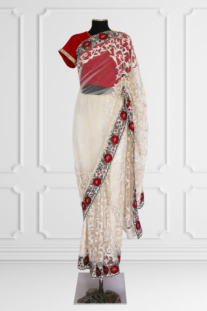 Off White Saree Set with Red Blouse and Floral Embroidered Border