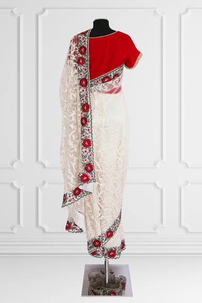 Off White Saree Set with Red Blouse and Floral Embroidered Border