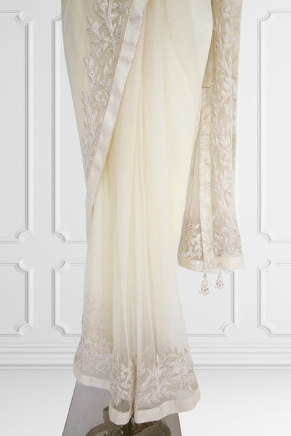 Off White with White Embroidery Saree Set