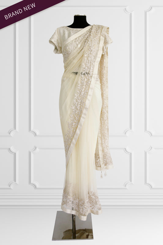 Off White with White Embroidery Saree Set