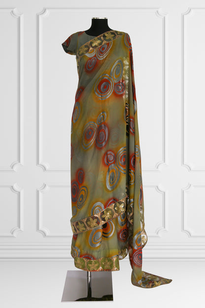 Olive Green Saree with Vibrant Swirls and Embroidered Gold Border