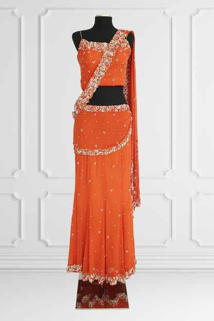 Orange Ready Made Saree Set