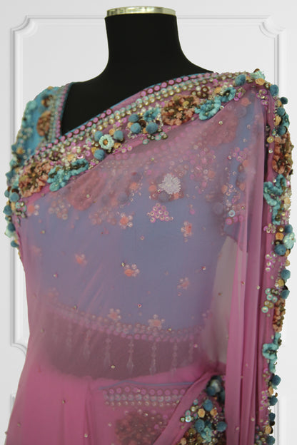 Two Blouse Pink & Blue Embroidered Saree Set