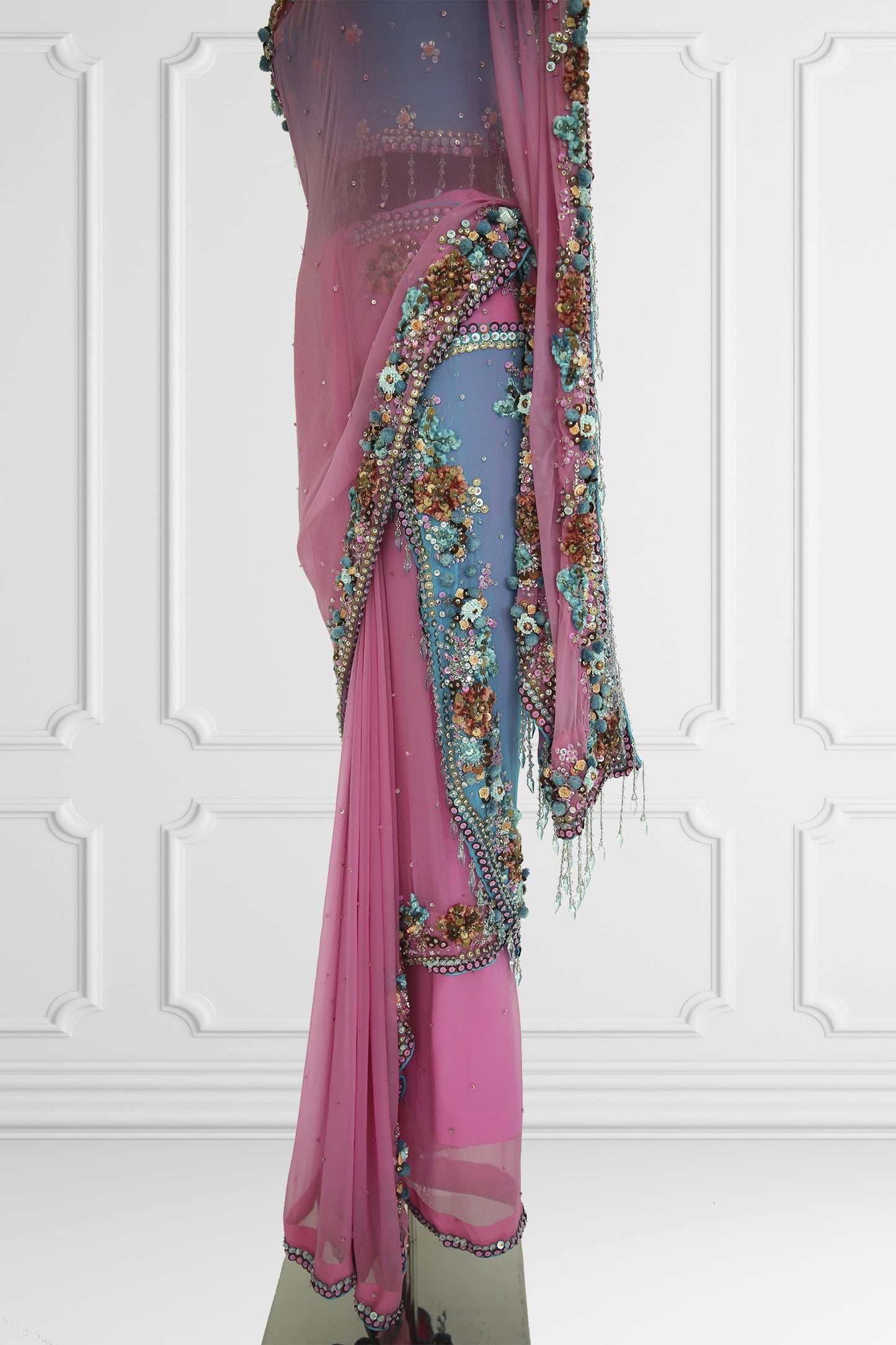 Two Blouse Pink & Blue Embroidered Saree Set