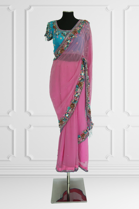 Two Blouse Pink & Blue Embroidered Saree Set