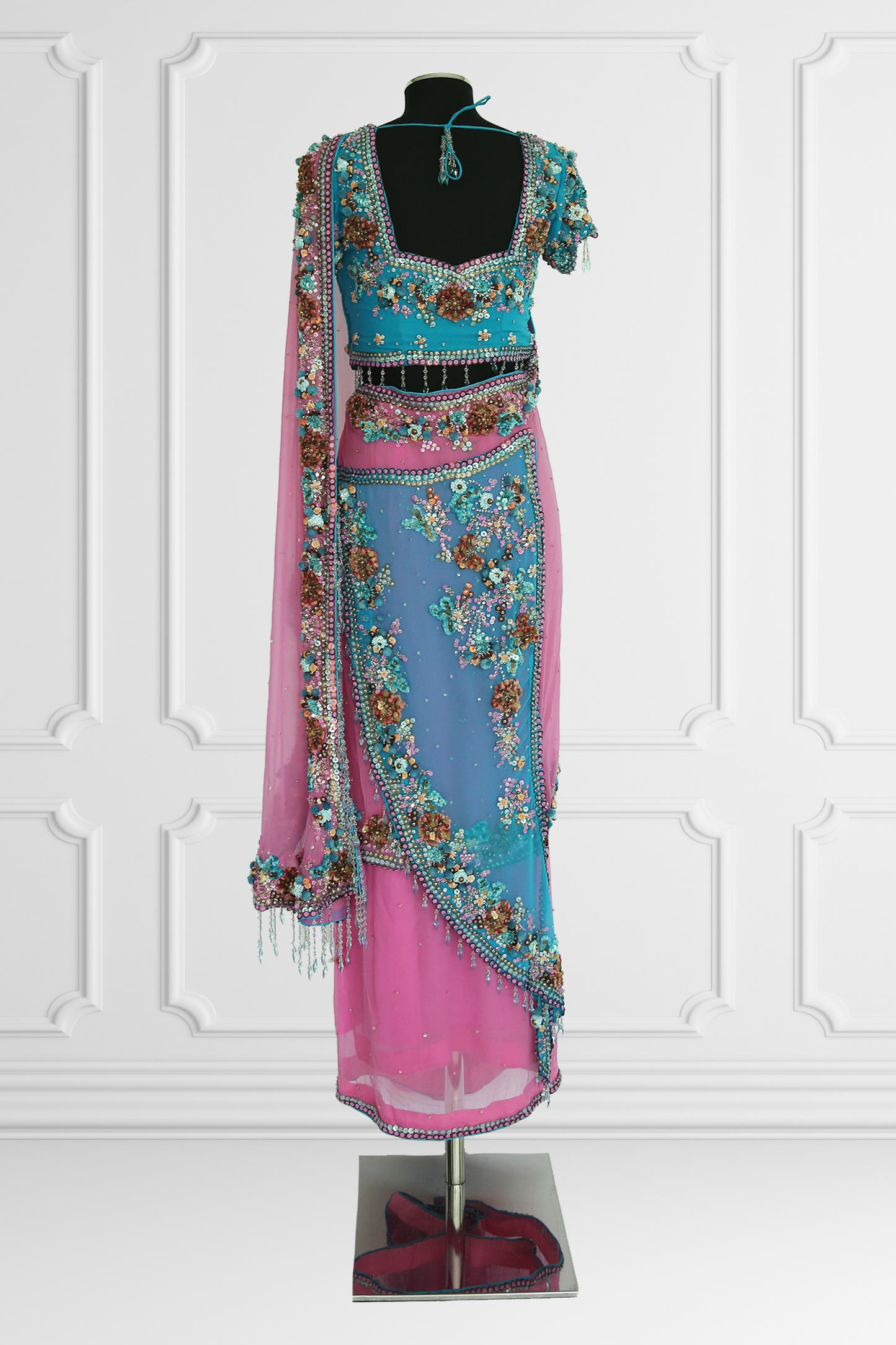 Two Blouse Pink & Blue Embroidered Saree Set