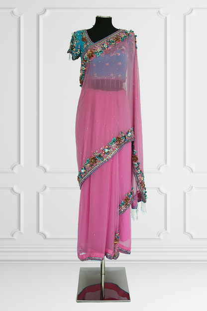 Two Blouse Pink & Blue Embroidered Saree Set