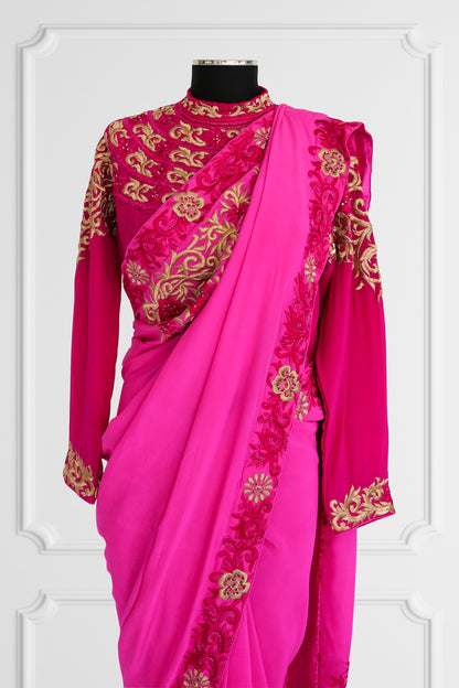 Silk Pink with Gold Embroidered Saree Set