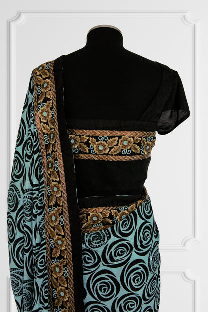 Turquoise Swirl Saree Set