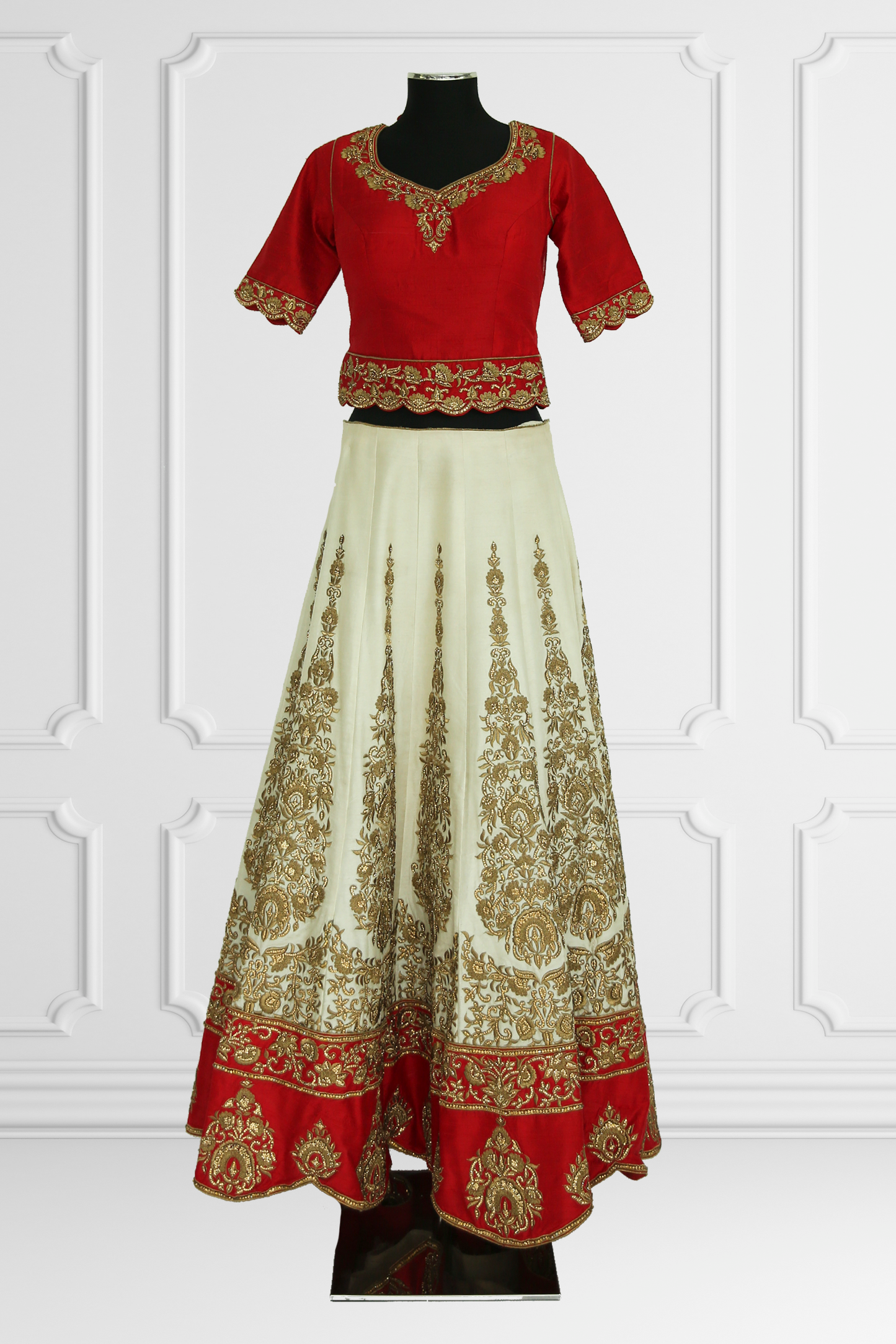 Red & Beige Heavy Embroidered Lehenga with Cape