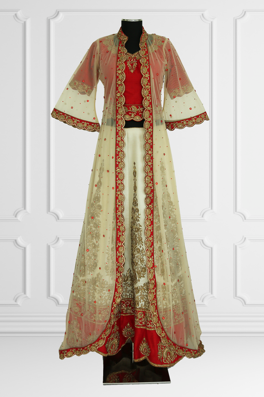 Red & Beige Heavy Embroidered Lehenga with Cape