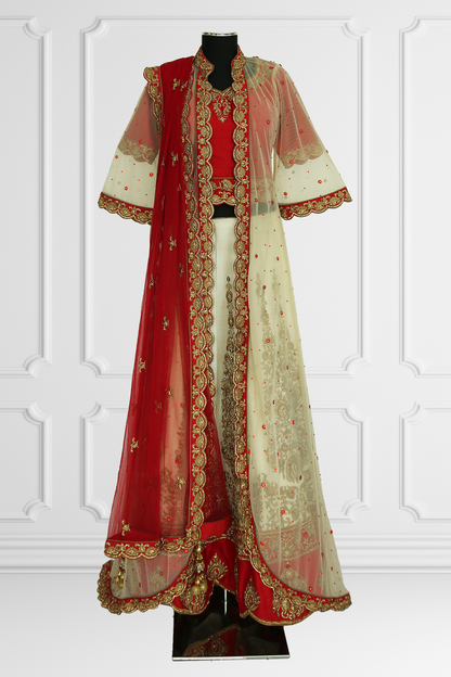 Red & Beige Heavy Embroidered Lehenga with Cape