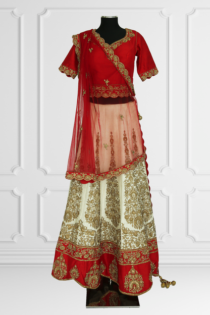 Red & Beige Heavy Embroidered Lehenga with Cape