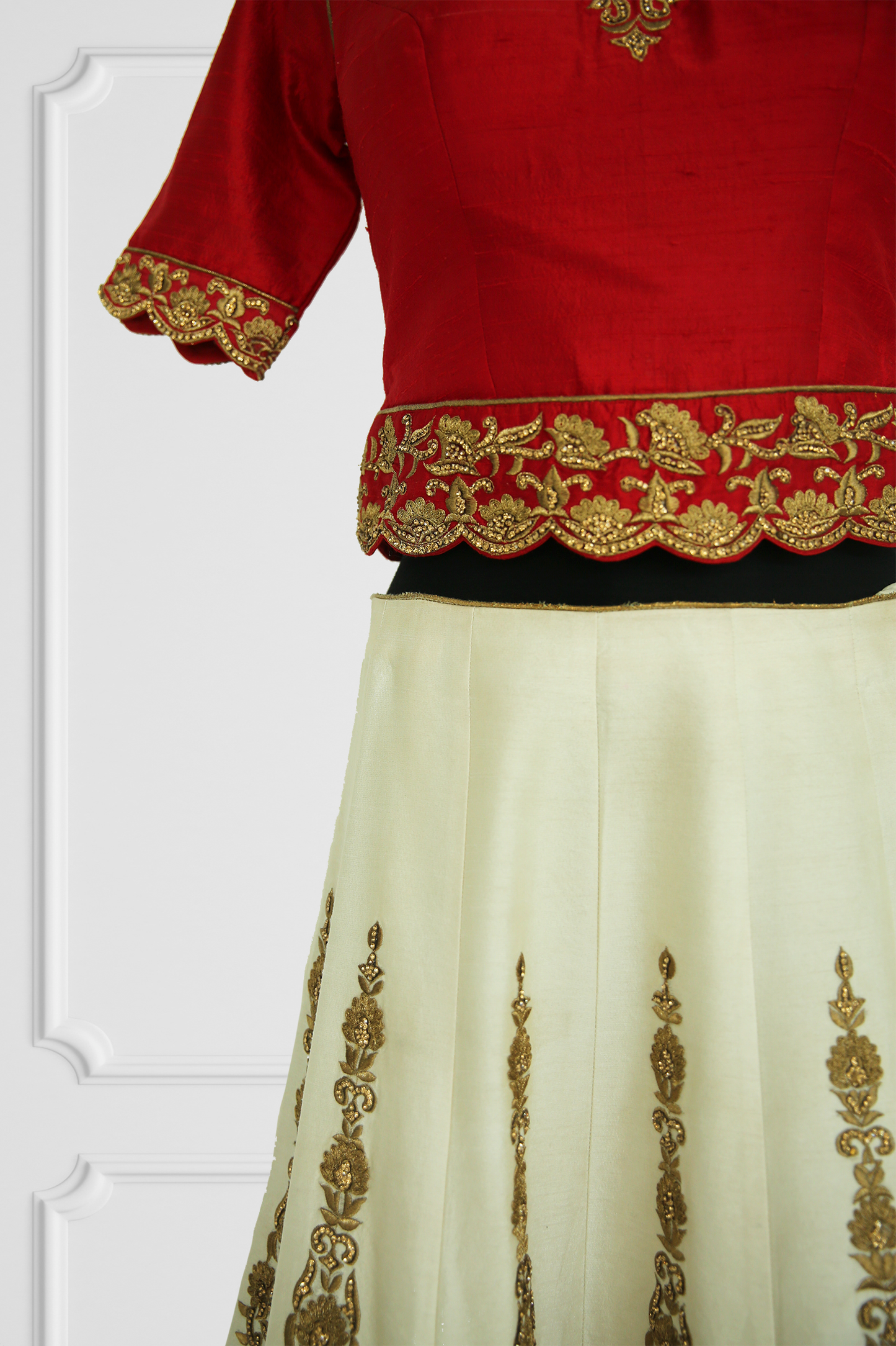 Red & Beige Heavy Embroidered Lehenga with Cape