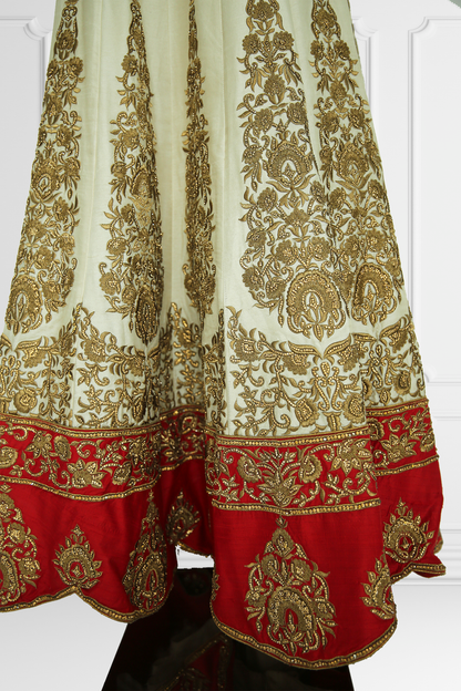 Red & Beige Heavy Embroidered Lehenga with Cape