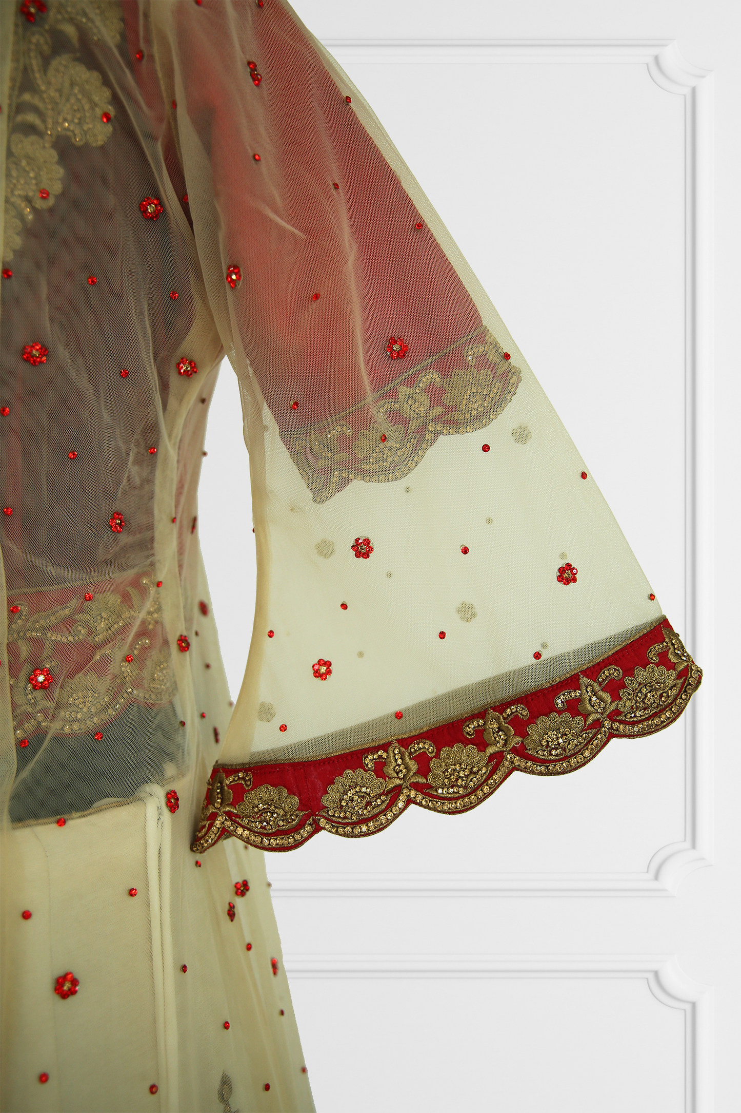 Red & Beige Heavy Embroidered Lehenga with Cape