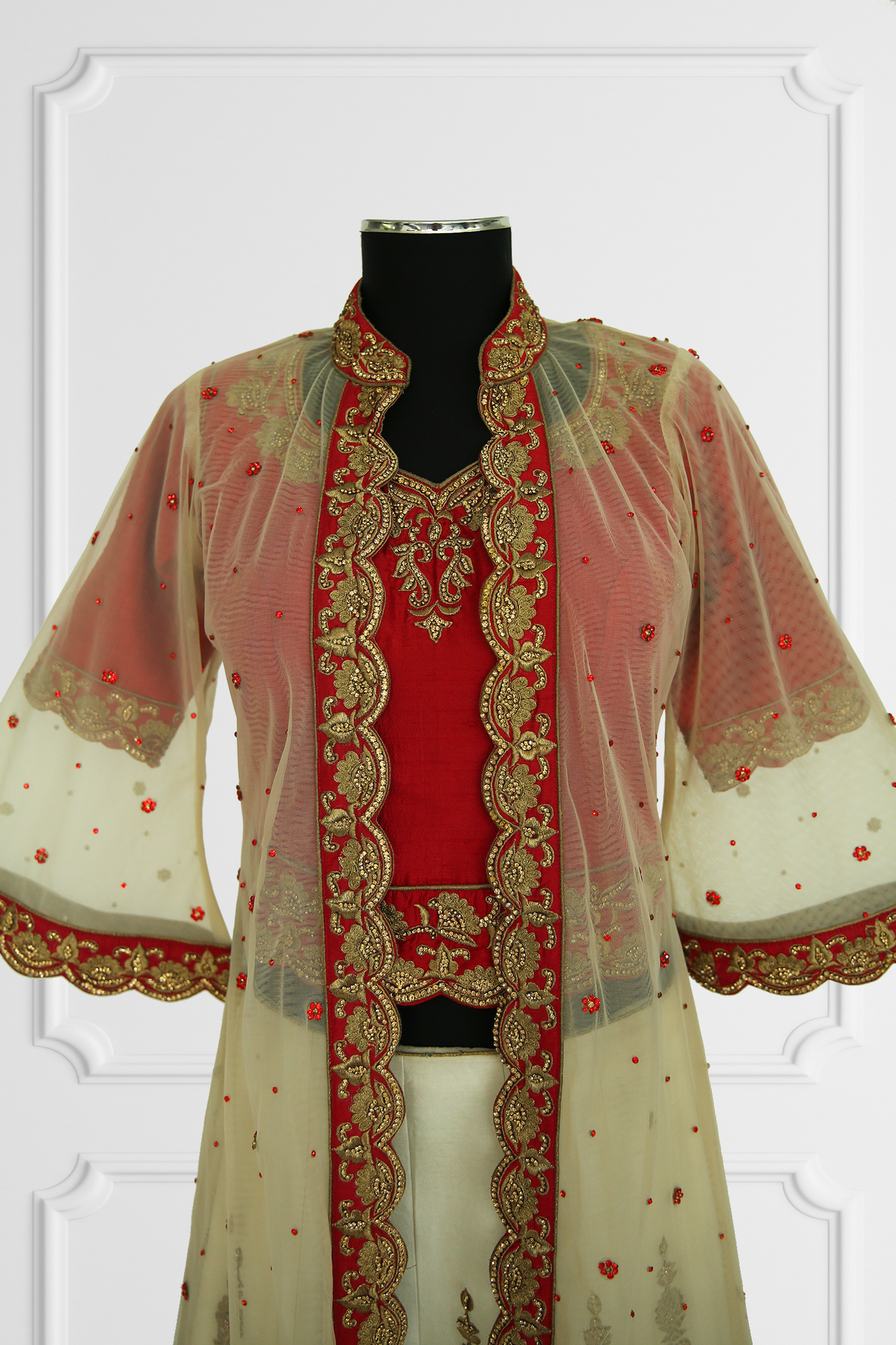 Red & Beige Heavy Embroidered Lehenga with Cape