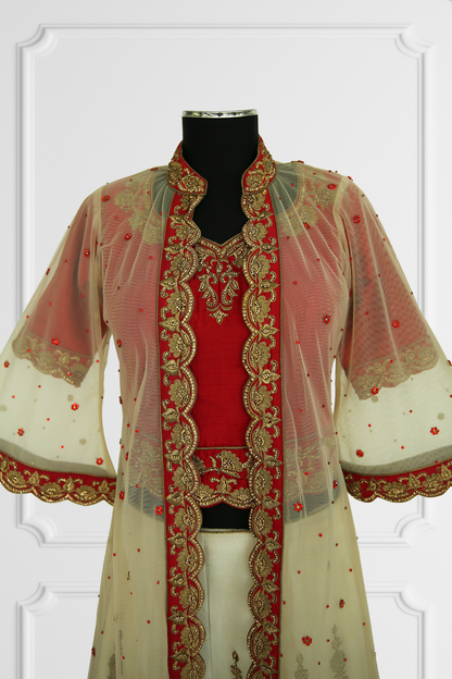 Red & Beige Heavy Embroidered Lehenga with Cape