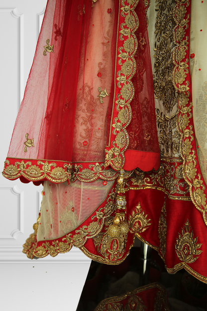 Red & Beige Heavy Embroidered Lehenga with Cape