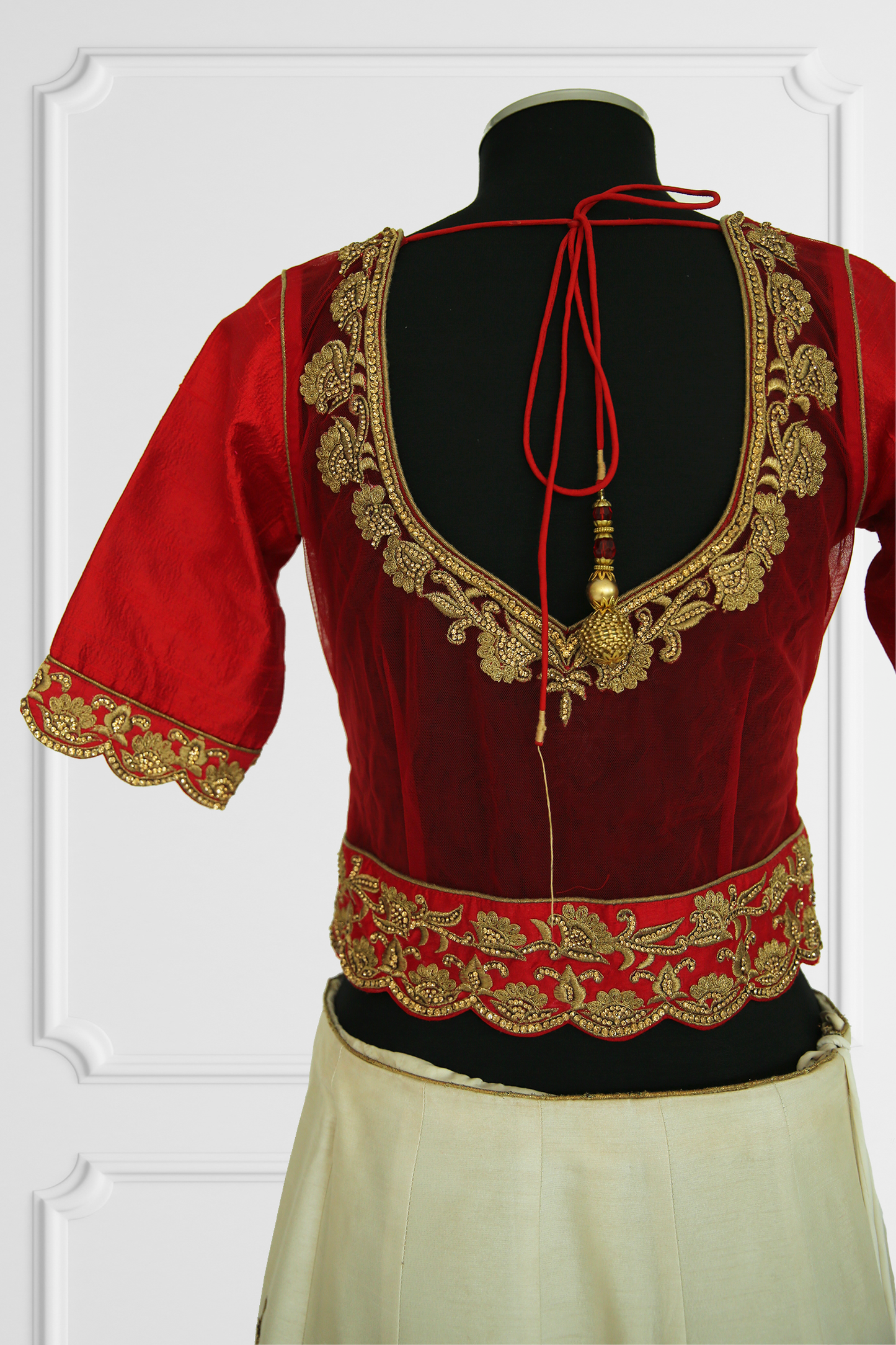 Red & Beige Heavy Embroidered Lehenga with Cape