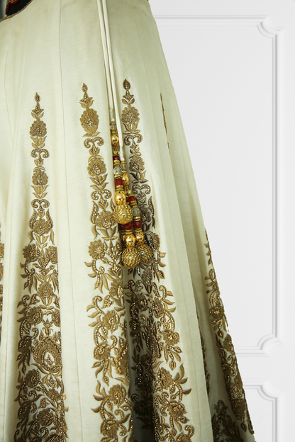 Red & Beige Heavy Embroidered Lehenga with Cape