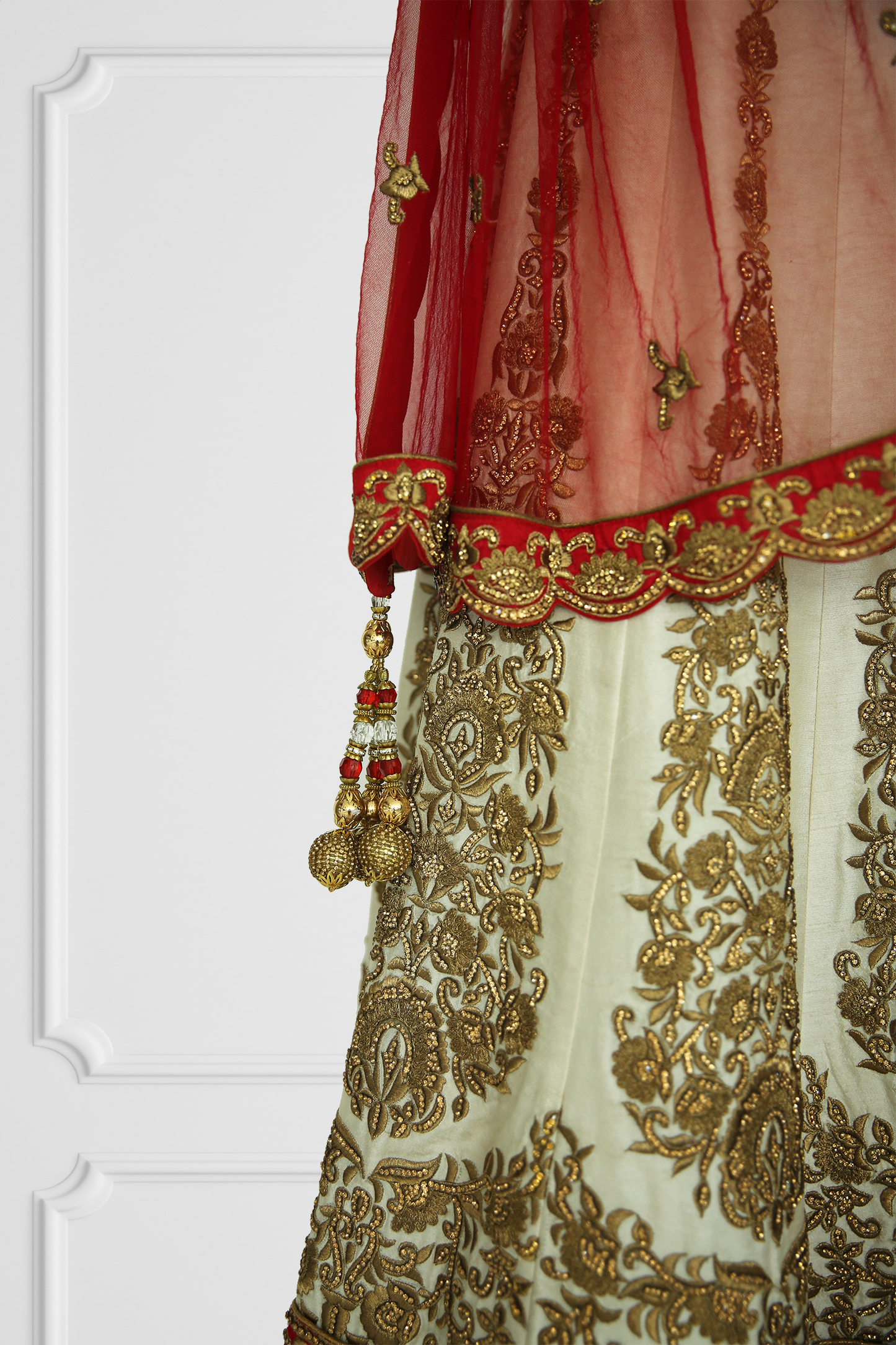 Red & Beige Heavy Embroidered Lehenga with Cape