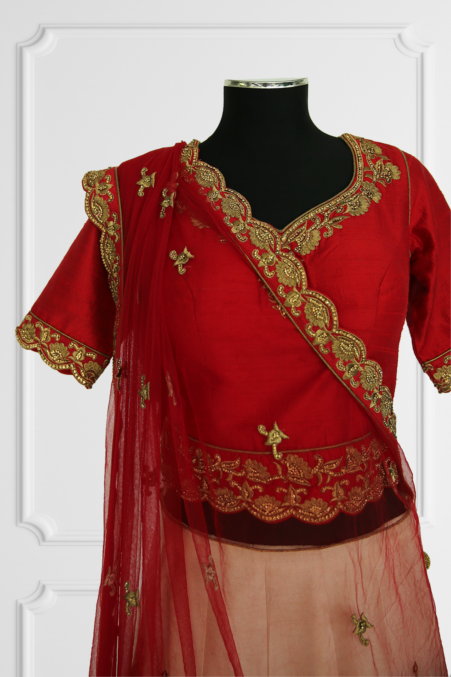 Red & Beige Heavy Embroidered Lehenga with Cape