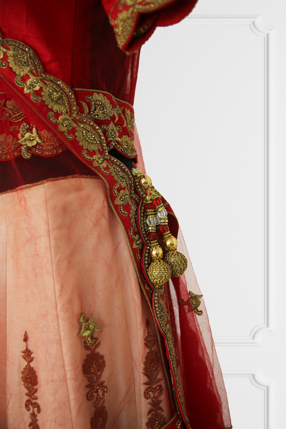 Red & Beige Heavy Embroidered Lehenga with Cape