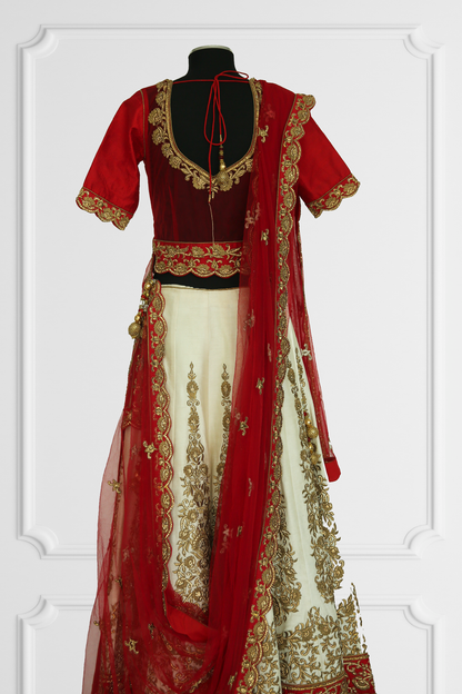 Red & Beige Heavy Embroidered Lehenga with Cape