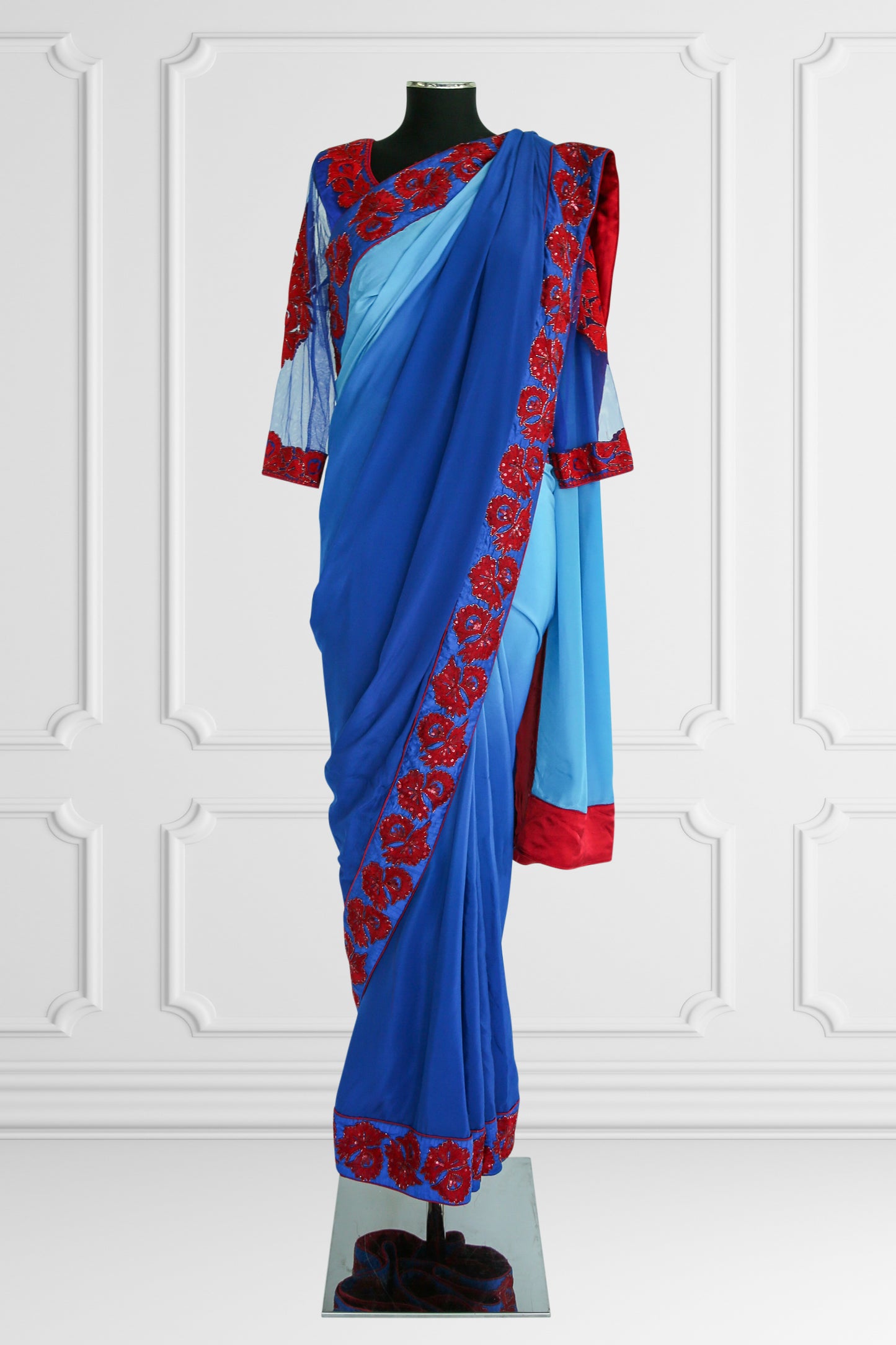 Silk Blue with Red Embroidered Flowers Saree Set