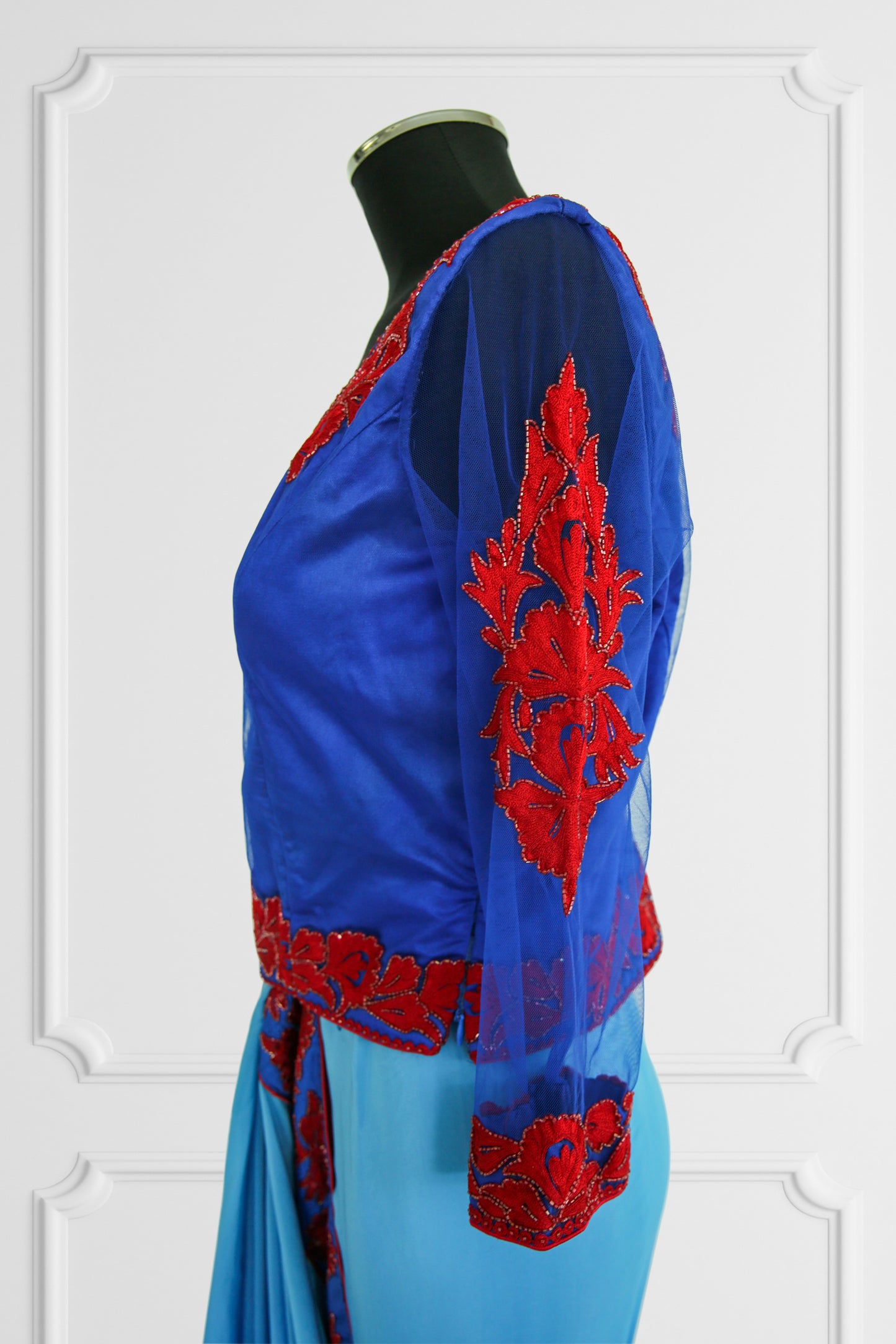 Silk Blue with Red Embroidered Flowers Saree Set